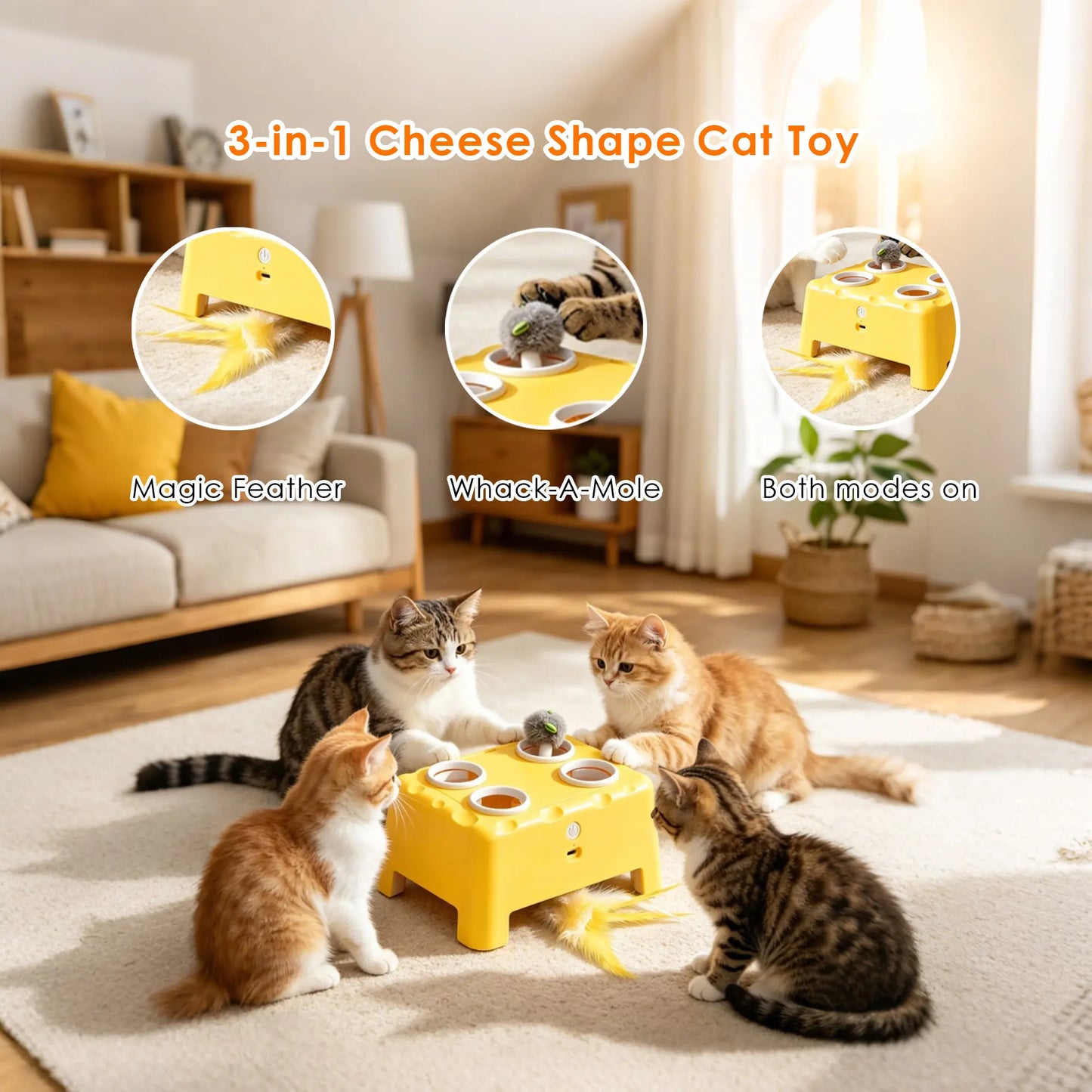 Magic House 4-Hole Whack-A-Mole Interactive Cat Toy, 3 Modes Electric Kitten Toy with Feather Wand & Pop-Up Hide-And-Seek, Rechargeable Stimulating Cat Enrichment Toys for All Cats