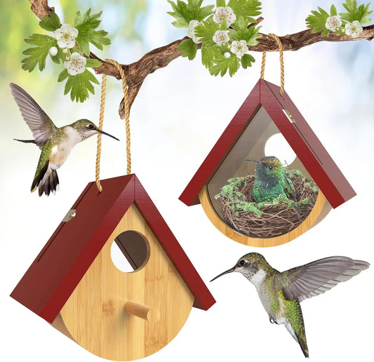 2 Pack Hummingbird House, Window View Wooden Bird Houses for outside Hummingbird Houses for Nesting, Hanging Chickadee House for Indoor Outdoor with Hemp Ropes